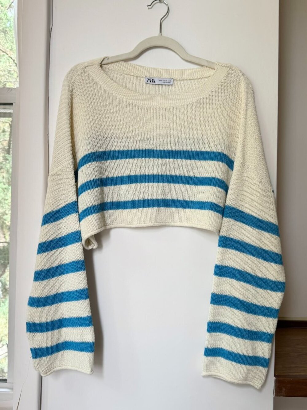 Zara Striped Cropped Sweater Blue Cream XS